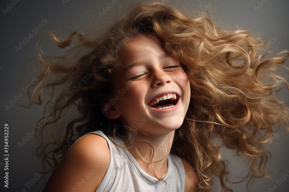Laughing girl on a gray background.