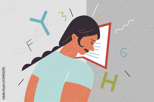 Tired girl student banging head against wall with book, suffering due to too much educational load