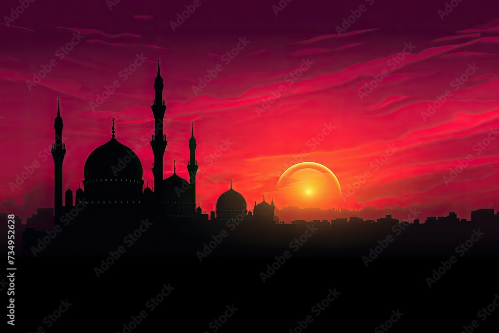Silhouette of mosque on the sunset background.  islamic night and silhouette mosque. panaromic islamic wallpaper. Eid Al Fitr, Eid Al Adha, Eid Mubarak.