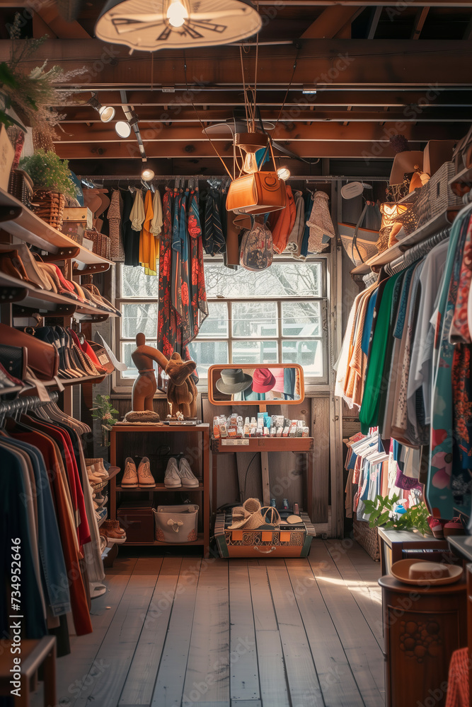 Vintage Boutique with Bright Apparel and Wooden Decor