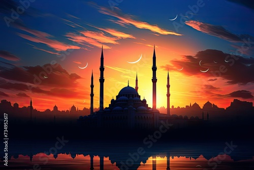 Beautiful sunset over the mosque. Ramadan Kareem background. Silhouette mosques on dusk sky twilight with crescent moon. panaromic islamic wallpaper. photo