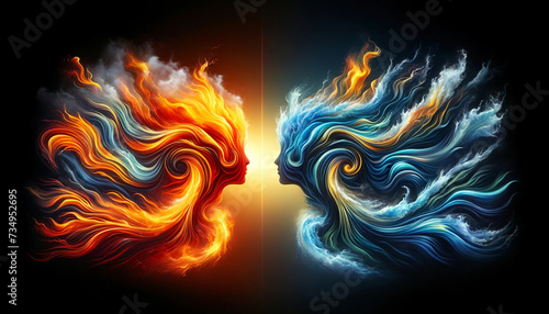 Abstract digital art of two profiles facing each other, created with fiery and aquatic colors, symbolizing duality like fire and water or yin and yang.The concept of balance.AI generated. photo