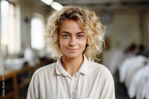 Spacious dry cleaning with bright atmosphere and smiling woman holding packaged shirt
