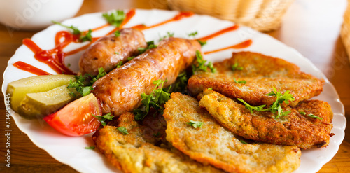 potato pancakes with fried sausages on a white plate