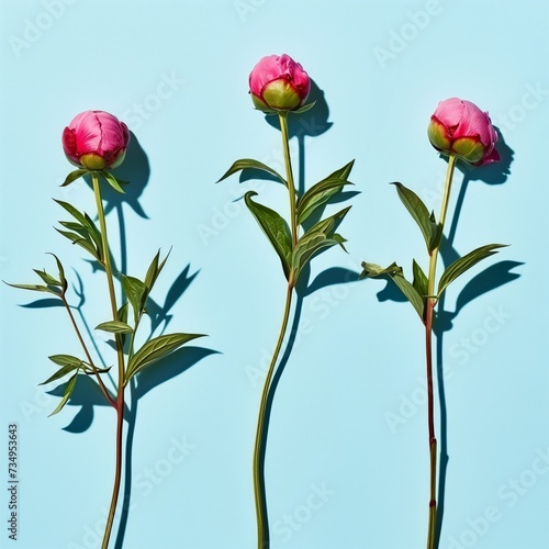 Three delicate sprouts of pink peony buds on a blue background in the rays of the hard midday sun