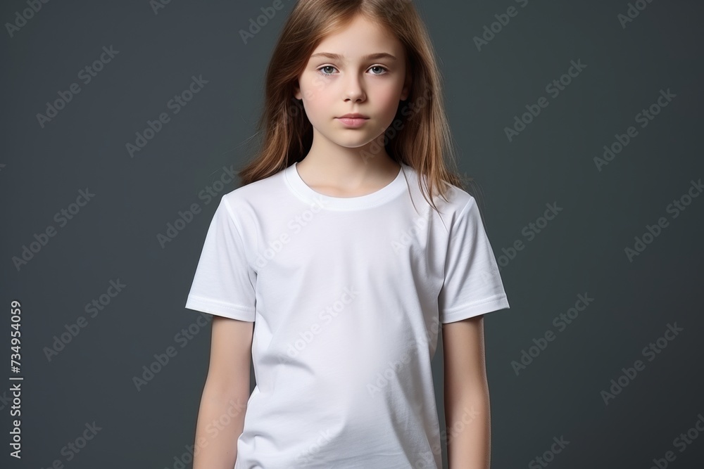 Obraz premium Smiling happy teenage girl presenting empty white t-shirt for advertising in studio