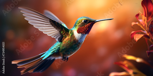 A humming bird flying through the flowers multicolor 