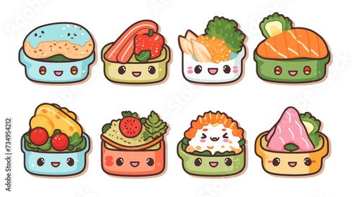 Discover the Delight: Cute and Kawaii Bento Lunch Boxes Set in Traditional Japanese Style - Isolated Flat Vector Illustration of Colorful and Tasty Asian Meals