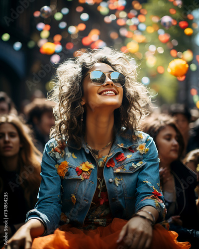 Happy young woman in summer at city street festival having fun and socializing © Olya Komarova