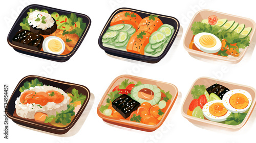 Discover the Delight: Cute and Kawaii Bento Lunch Boxes Set in Traditional Japanese Style - Isolated Flat Vector Illustration of Colorful and Tasty Asian Meals