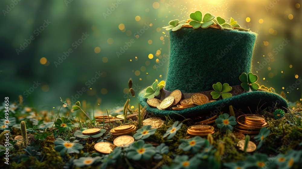 St. Patrick's Day leprechaun hat, gold coins and shamrocks on green background - obrazy, fototapety, plakaty 