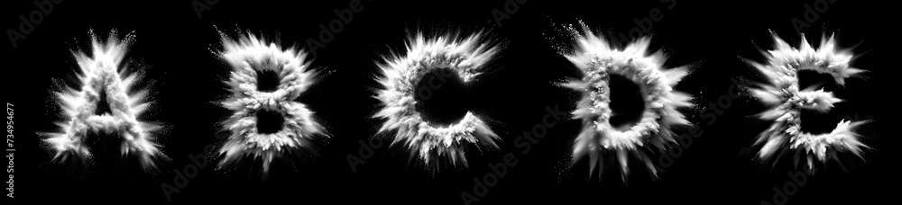 Letters A B C D E - White powder explosion font isolated on black background - uppercase letters from the alphabet - White contrasting with a black background text - White dust burst typeset - obrazy, fototapety, plakaty 