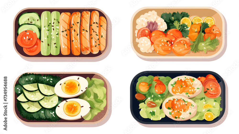 Discover the Delight: Cute and Kawaii Bento Lunch Boxes Set in Traditional Japanese Style - Isolated Flat Vector Illustration of Colorful and Tasty Asian Meals Discover the Delight: Cute and Kawaii Bento Lunch Boxes Set in Traditional Japanese Style - Isolated Flat Vector Illustration of Colorful and Tasty Asian Meals