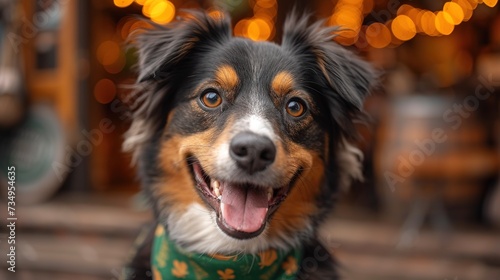 Cute dog with with a green scarf around his neck on green background. St. Patrick's Day celebration © Vasiliy