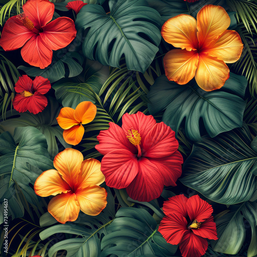 Tropical rainforest leaves and flowers as background, ai generated