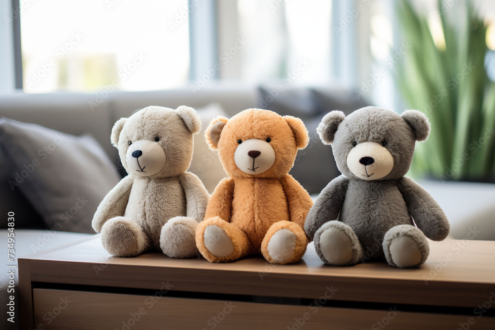 Three Plush toys bears in grey and yellow colors sit together, projecting warmth and friendliness. eco-conscious children's playthings that encourage imaginative play. Three Plush toys bears in grey and yellow colors sit together, projecting warmth and friendliness. eco-conscious children's playthings that encourage imaginative play.