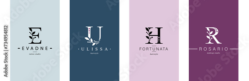 Bundle of Botanical Minimalistic Logos. Monogram of letters E, U, H, R. with Organic Plant Elements. Vector design. for beauty salon or art studio.