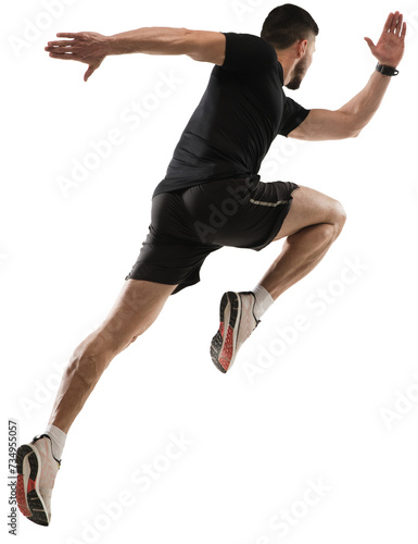 Speed and endurance. Muscular, sportive man in black sportswear training, running isolated on transparent background. Side view. Concept of sport, fitness, workout, healthy and active lifestyle