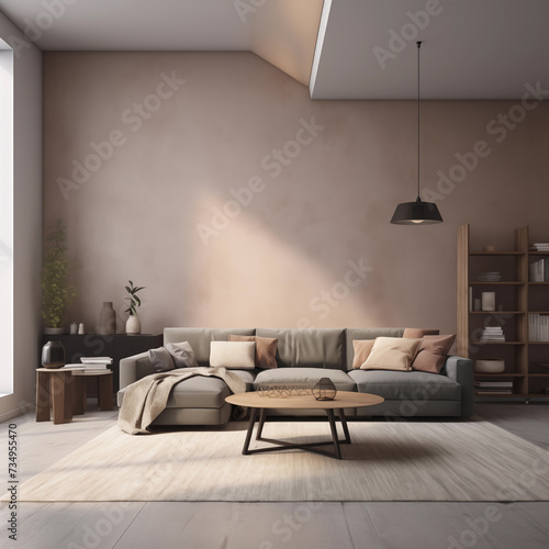 Modern danish interior design, with grey sofa and a light peachy wall