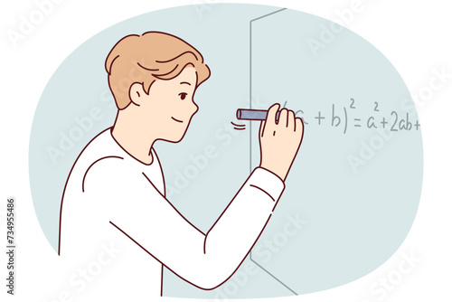 Man solves complex mathematical problems by completing tasks of university teacher. Smart guy in white shirt is using marker to write formula on blackboard during algebra exam. Flat vector design