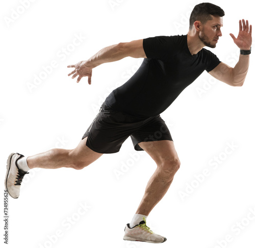Muscular, sportive man in black sportswear training, running isolated on transparent background. Side view. Concept of sport, fitness, workout, healthy and active lifestyle