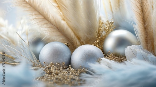 Luxury Pastel Blue and Gold Christmas Scene. Festive Decorations with Pampas Grass. photo
