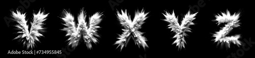 Letters V W X Y Z - White powder explosion font isolated on black background - uppercase letters from the alphabet - White contrasting with a black background text - White dust burst typeset