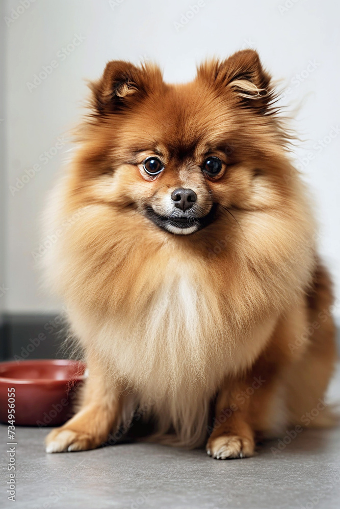 A fluffy Pomeranian dog with bright, attentive eyes and a lush, sable coat sits near a red bowl A fluffy Pomeranian dog with bright, attentive eyes and a lush, sable coat sits near a red bowl