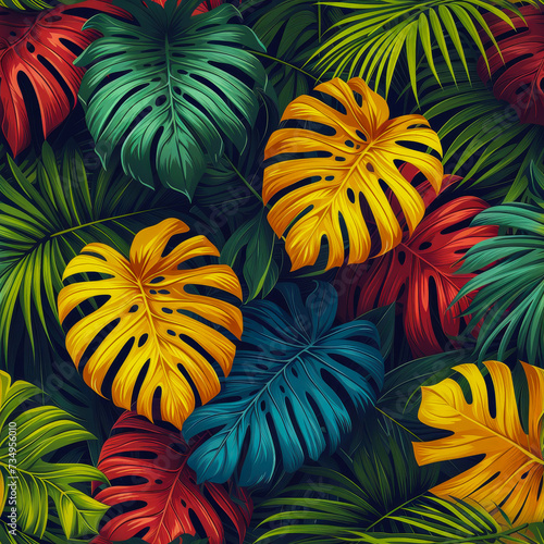 Leaves tropical rainforest, as frameless background, ai generated
