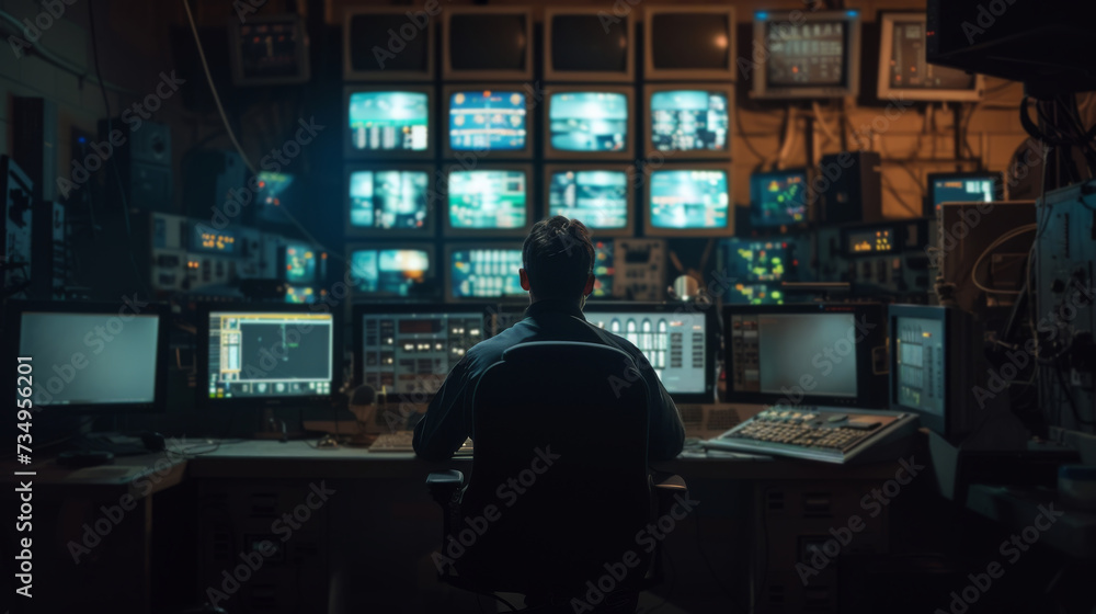 Control Room Technology and Engineer Working at Night in Dim Light Control Room Technology and Engineer Working at Night in Dim Light