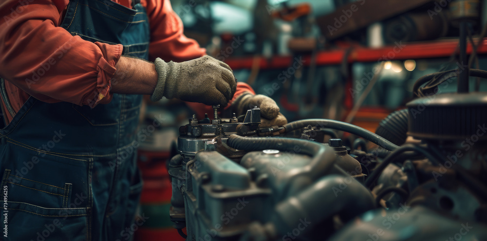 Car Engineer Fine-Tuning Carburetor of Retro Muscle Car in Vintage Workshop Car Engineer Fine-Tuning Carburetor of Retro Muscle Car in Vintage Workshop