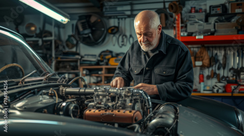 Old man Car engineer inspecting the engine of a vintage sports car with tools and equipment