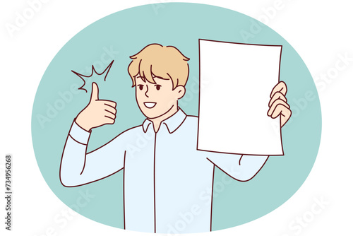 Man shows white sheet of paper and raises thumb up recommending cool investment offer. Young guy in shirt office worker demonstrating document for business concept. Flat vector illustration