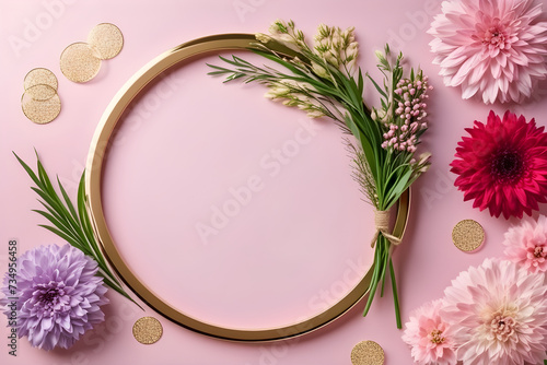 frame with flowers. empty mockup abstract festive background with flowers and a hearten shape frame happy Mother day. wedding day invitation empty text copy space. photo