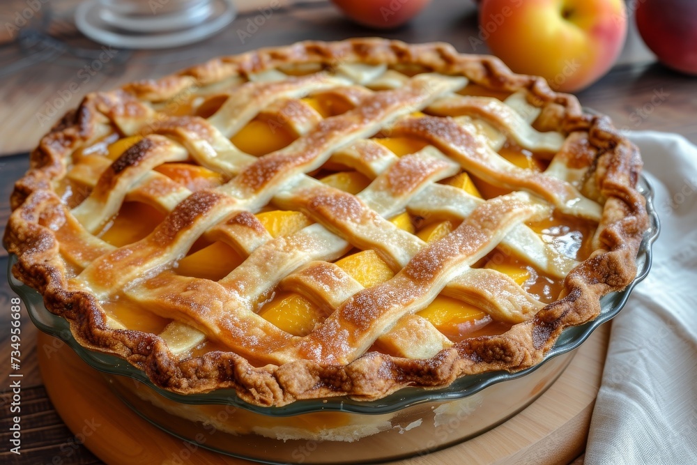 Peach pie made at home with a lattice crust Peach pie made at home with a lattice crust