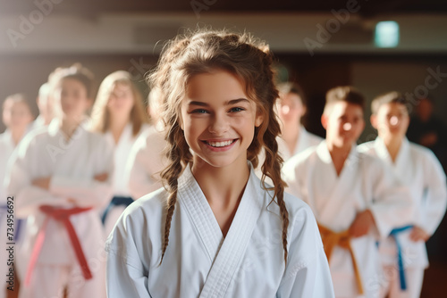 Junge Karatekas mit neuen Gürteln nach bestandener Prüfung im Dojo photo