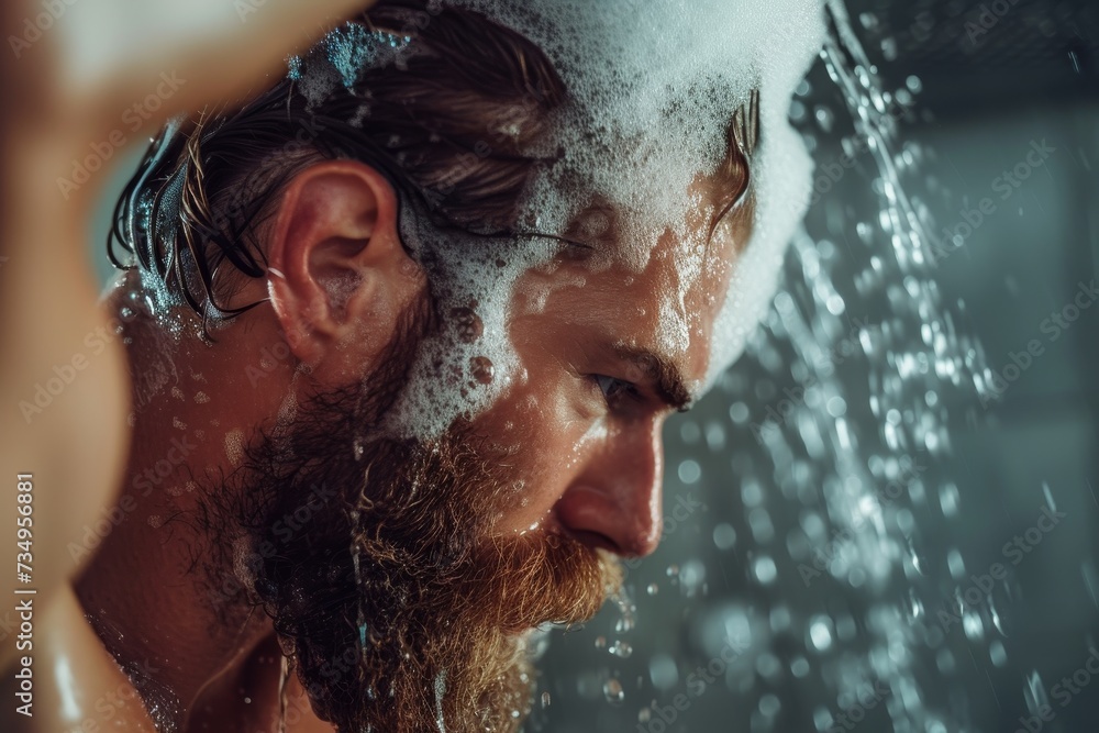 Muscular bearded man washing hair and body with male shampoo in modern bathroom at home showing men s beauty routine and hygiene