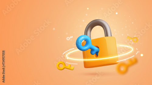Safety, encryption, protection, privacy, data access. Yellow padlock with keyhole and blue key 3d cartoon vector illustration on orange background with light effects.
