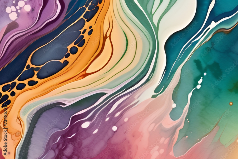 Fototapeta premium Closeup of abstract watercolor paint background texture with liquid fluid marbled paper texture banner texture. Generative AI (생성형 AI)