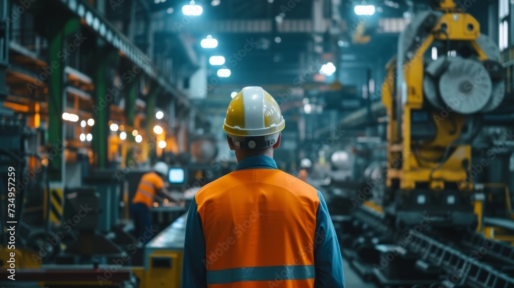 Industrial engineer inspecting safety measures in a factory with workers and machinery Industrial engineer inspecting safety measures in a factory with workers and machinery