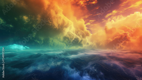 Dramatic ocean waves under a fiery orange and teal sky, a digital artwork suitable for book covers, album art, and vibrant wall decor in contemporary spaces. High quality illustration © Infusorian