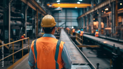Engineer conducting safety audit in a production facility with workers and heavy machinery
