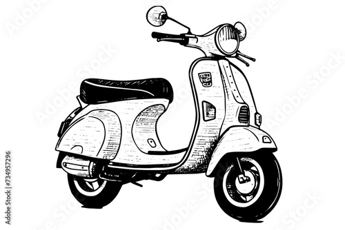 Retro scooter or motorcycle hand drawn ink sketch. Engraved style vector illustration. photo