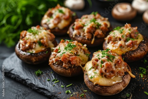 Meat and cheese stuffed mushrooms on a black board photo