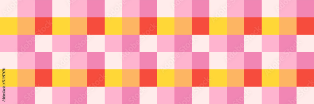 Checkerboard retro groovy background. Geometric pastel square texture in vintage y2k style. Hippie 70s pattern. Plaid pattern background. Pink and yellow colors.