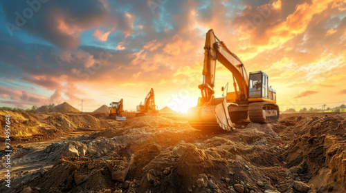 a construction site with excavators working during a beautiful sunset.