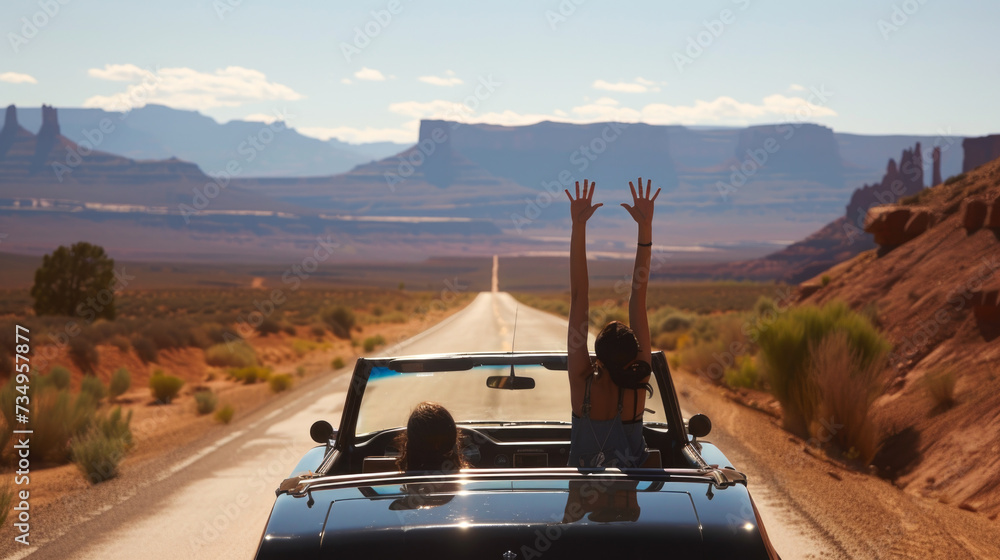 Freedom on the Road: Friends Enjoying a Desert Drive in a Convertible - obrazy, fototapety, plakaty 