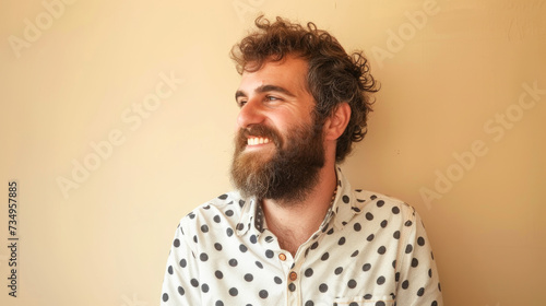 Joyful Expression: Bearded Man Smiling in Polka Dot Shirt © romanets_v