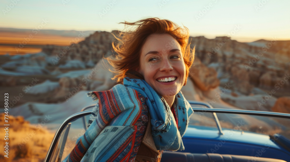 Road Trip Joy: Smiling Woman on a Car Adventure in the Desert