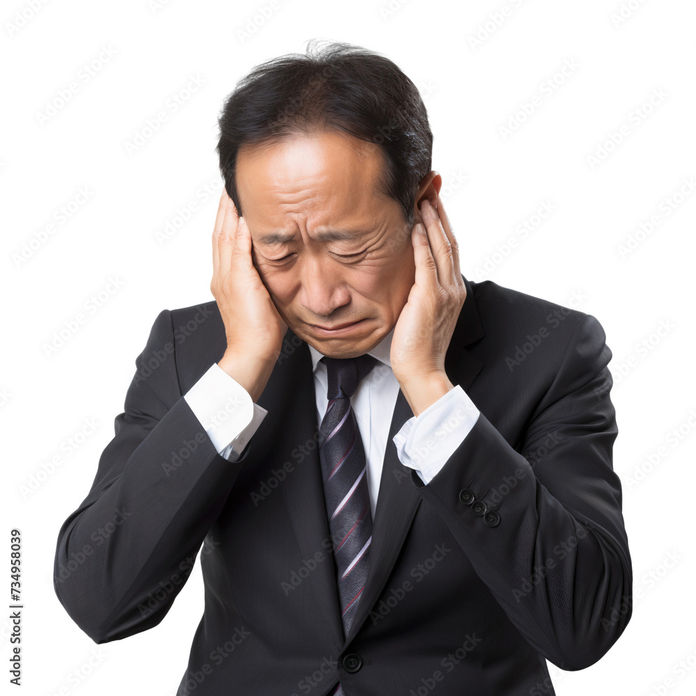 Frustrated businessman with hands on head, looking stressed and tired, isolated on transparent background Frustrated businessman with hands on head, looking stressed and tired, isolated on transparent background